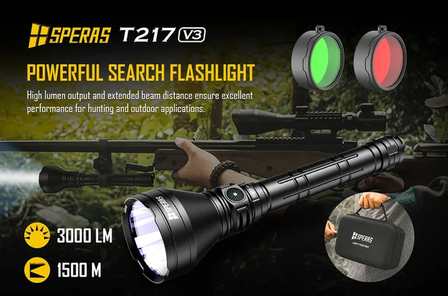 Speras T217 v3 lommelykt med koffert 3000lm / 1500 meter kastelengde 