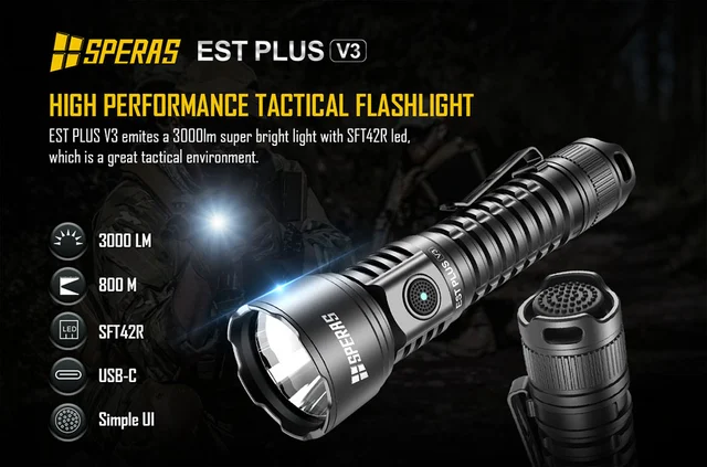Speras EST PLUS v3 lommelykt 3000lm / 800 meter kastelengde 