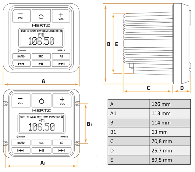 Hertz HMR15D Marine DAB+ radio m/bt 100% vanntett front IP66, 4 x 50W 
