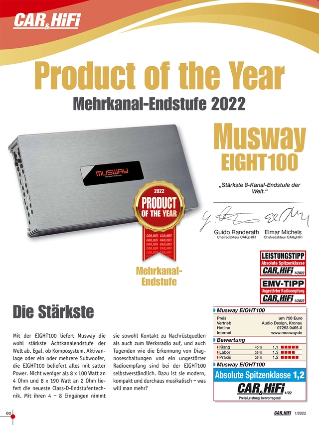 Musway Bilforsterker 8 x 180W i 2ohm 8-kanals forsterker EIGHT100 