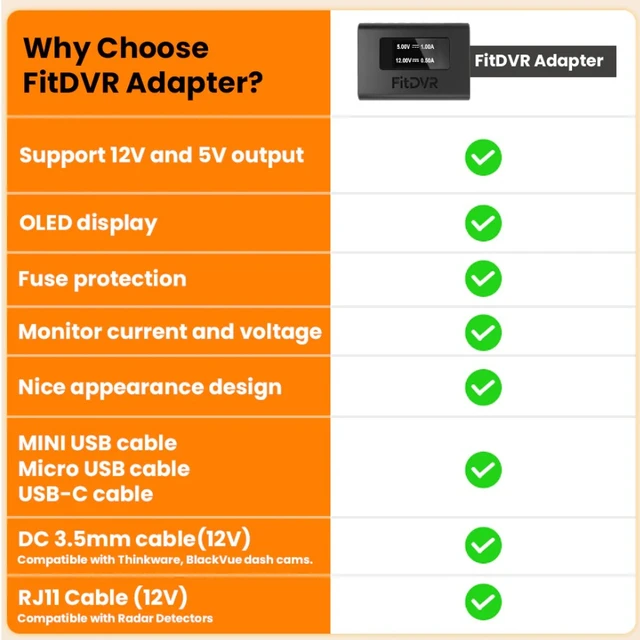 FitDVR Dashcam Power Adapter Universal 