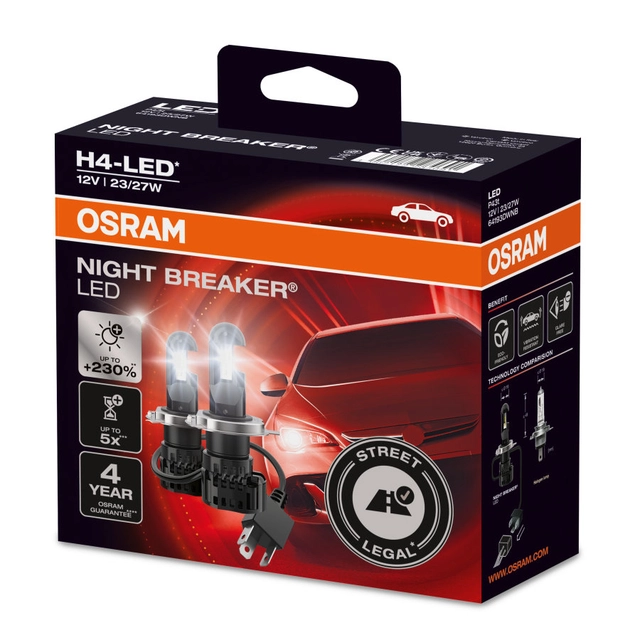Osram Night Breaker H4 LED LED, H4, 2pk, Godkjent LED pære 