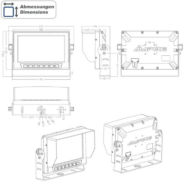 Ampire 7" TFT  LCD-Skjerm Med 2 videoinnganger, IP69 