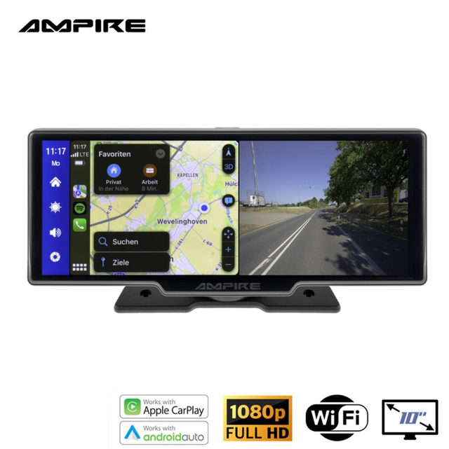Ampire Apple Carplay/Android Auto Frittstående 10" skjerm m/DVR 