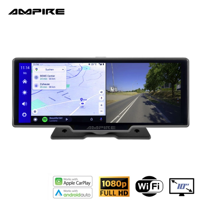 Ampire Apple Carplay/Android Auto Frittstående 10" skjerm m/DVR 