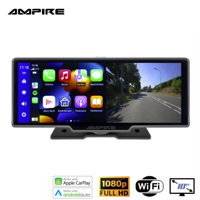 Ampire Apple Carplay/Android Auto Frittstående 10" skjerm m/DVR 