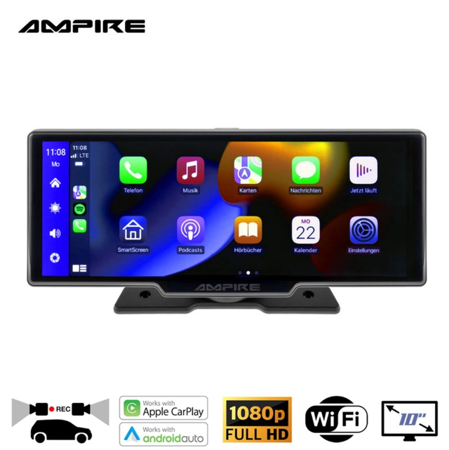 Ampire Apple Carplay/Android Auto Frittstående 10" skjerm m/DVR 