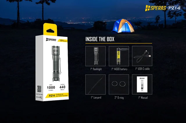 Speras PZ14 lommelykt med zoom 1000lm / 440 meter kastelengde 