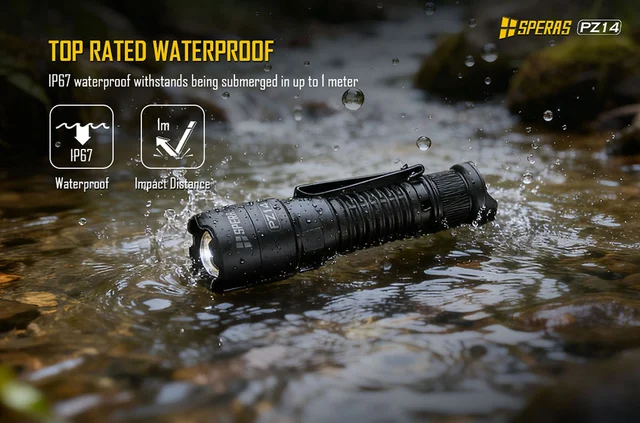 Speras PZ14 lommelykt med zoom 1000lm / 440 meter kastelengde 
