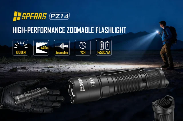Speras PZ14 lommelykt med zoom 1000lm / 440 meter kastelengde 