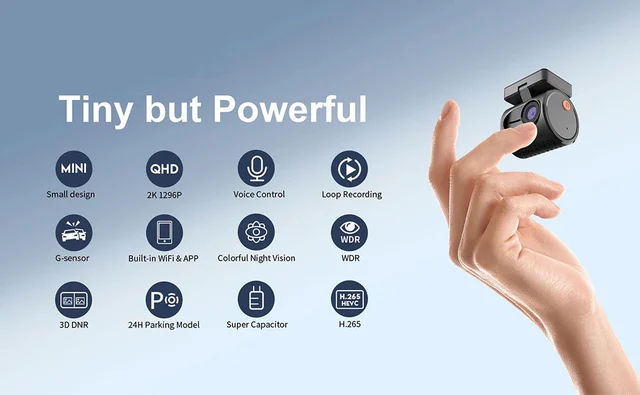 ConnectED Dashbordkamera 1 kanals mini WiFi, Quad 2K, 30 b/s mini stemmestyring 