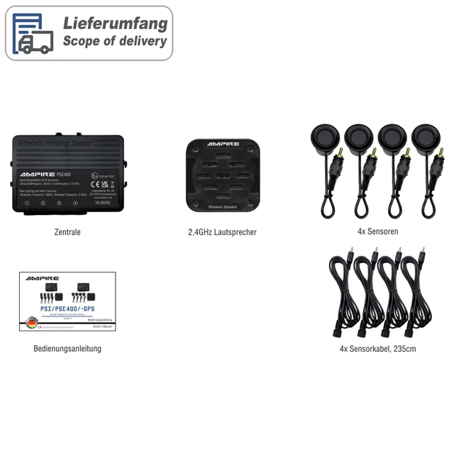 Ampire parkeringshjelp 4-veis Matt svart, sensormontering forfra 