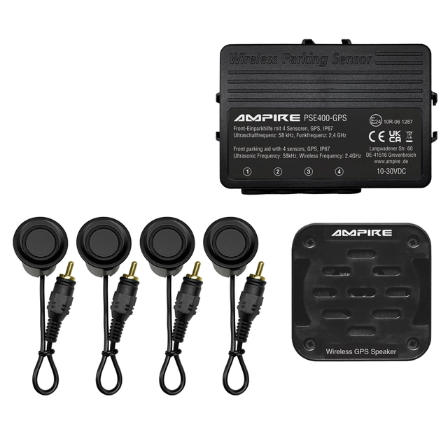 Ampire parkeringshjelp 4-veis GPS Matt svart, sensormontering forfra 