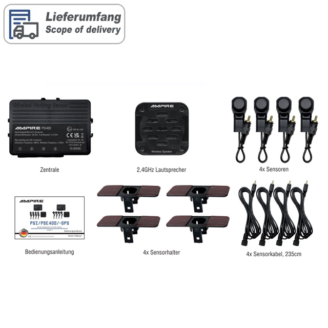 Ampire parkeringshjelp 4-veis Matt svart, sensormontering bakfra 