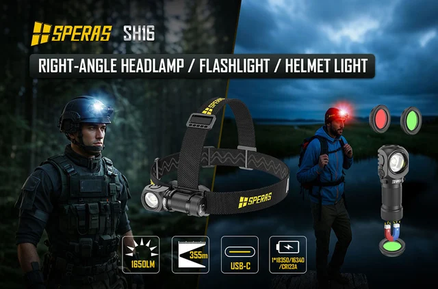 Speras SH16 lett hode/lomme/arbeidslykt 1650lm / 355 meter kastelengde 