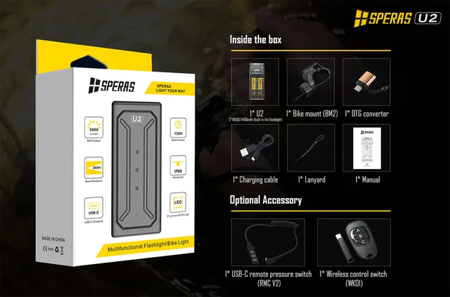 Speras U2 lykt for sykkel 5000lm / 320 meter kastelengde 