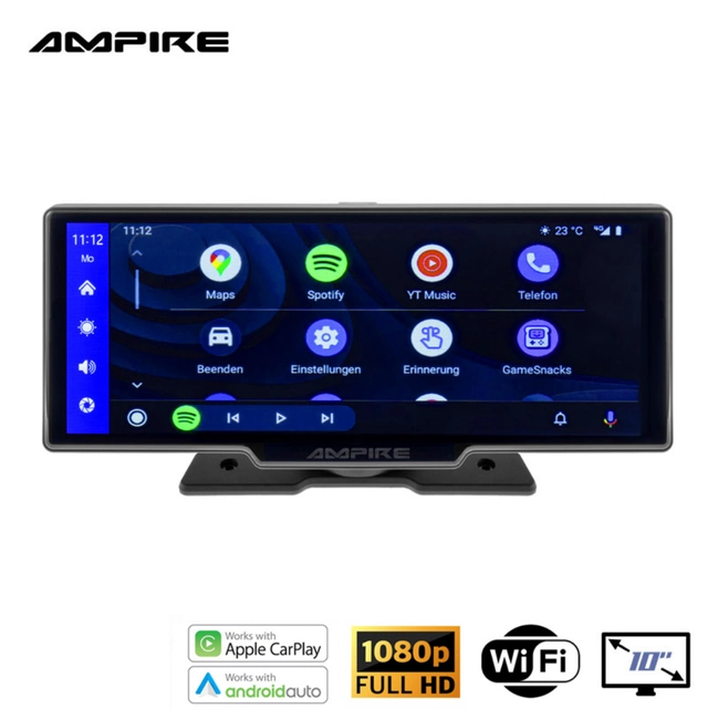 Ampire Apple Carplay/Android Auto Frittstående 10" skjerm m/DVR 