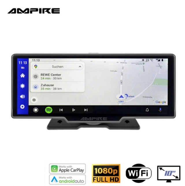 Ampire Apple Carplay/Android Auto Frittstående 10" skjerm m/DVR 