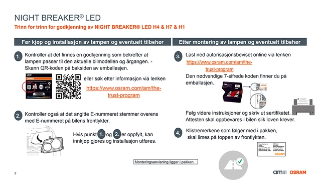 Osram Night Breaker H7 LED LED, H7, 2pk, Godkjent LED pære 