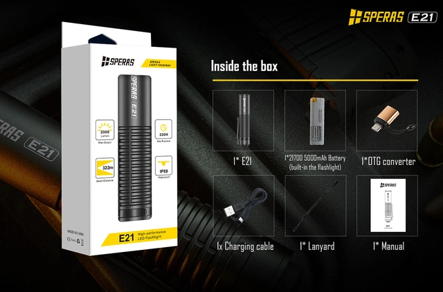 Speras E21 lommelykt i titanium legering 2000lm / 322 meter kastelengde 