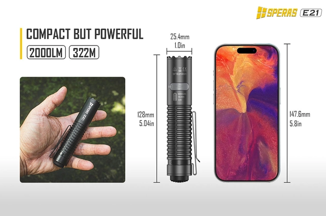 Speras E21 lommelykt i titanium legering 2000lm / 322 meter kastelengde 