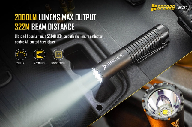Speras E21 lommelykt i titanium legering 2000lm / 322 meter kastelengde 