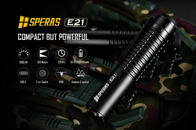 Speras E21 lommelykt i titanium legering 2000lm / 322 meter kastelengde 