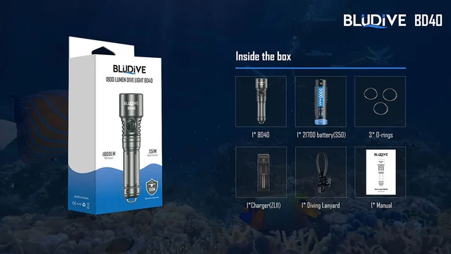 BluDive BD40 lommelykt, Vanntett 1800lm / 351 meter kastelengde 