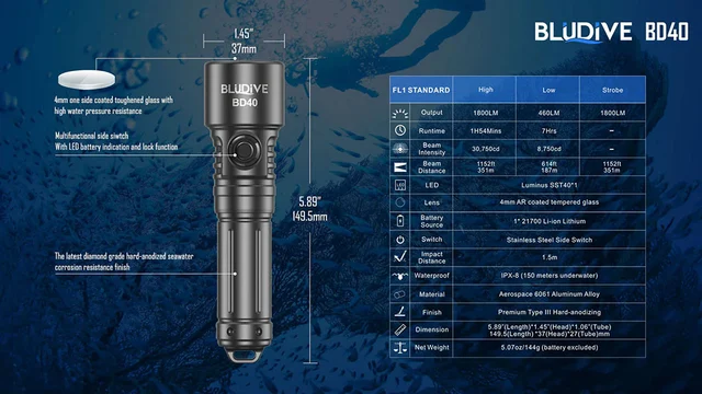 BluDive BD40 lommelykt, Vanntett 1800lm / 351 meter kastelengde 