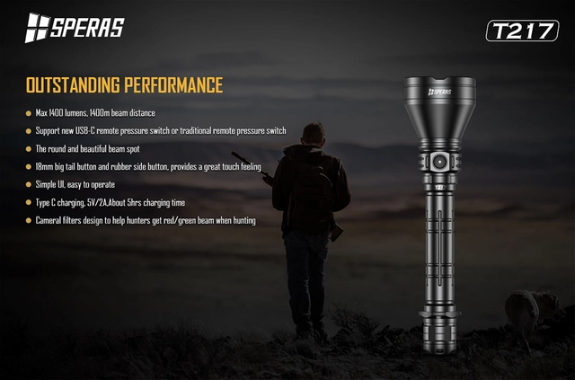 Speras T217 lommelykt i praktisk koffert 1400lm / 1400 meter kastelengde 