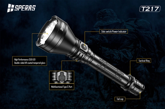 Speras T217 lommelykt i praktisk koffert 1400lm / 1400 meter kastelengde 