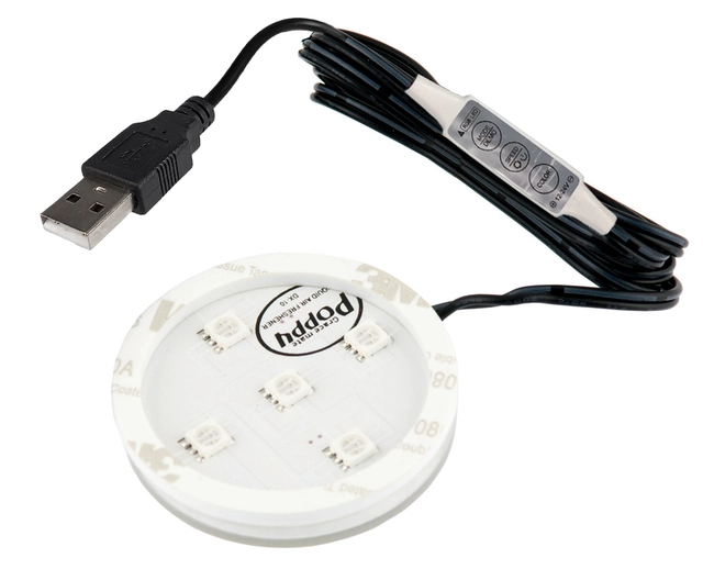 Poppy LED-plate, multicolor Lyser opp Poppy-krukken fra undersiden 