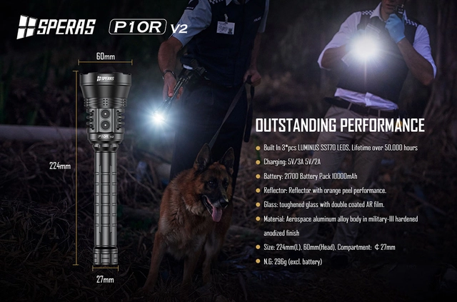 Speras P10Rv2 lykt i praktisk koffert 10.000lm / 574 meter kastelengde 